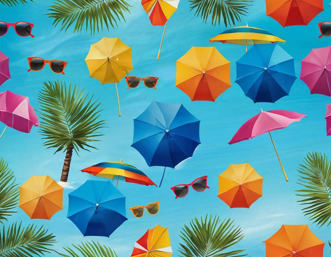 A vibrant summer beach scene showcasing an array of chic swimwear styles on diverse models, with colorful beach umbrellas and stylish sunglasses adding a lively touch. Crystal clear waves lap against the shore, while palm trees sway gently in the background. The scene should convey joy, confidence, and adventure, inviting readers to embrace the latest trends. super-realistic. vibrant colors. sunny atmosphere.